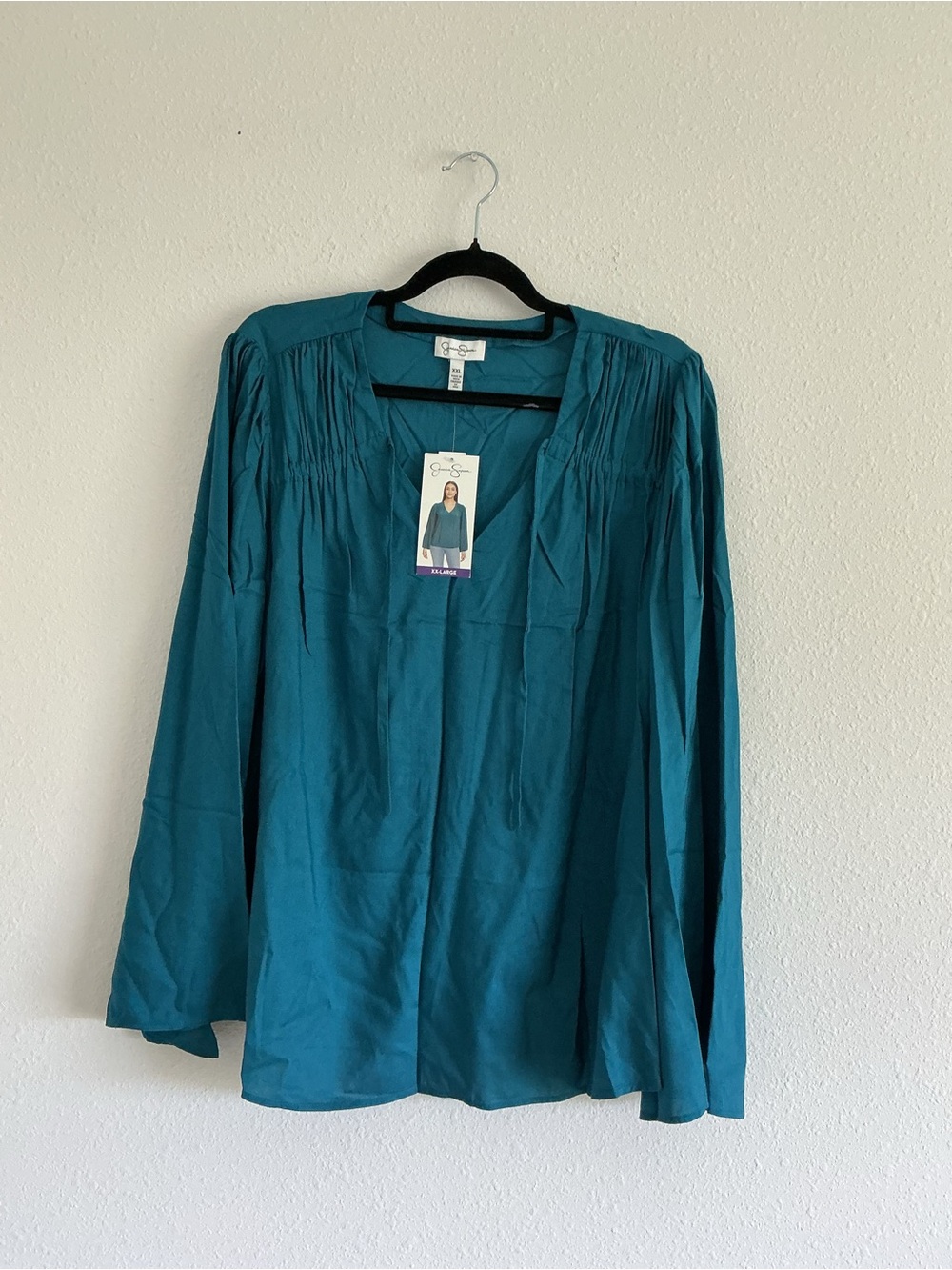 Jessica Simpson Teal V-Neck Pintuck Long-Sleeve Blouse